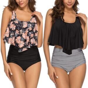 NWOT Amazon Bathing Suits Ruffled Flounce Top & High Waisted Bottom BUNDLE Sz M